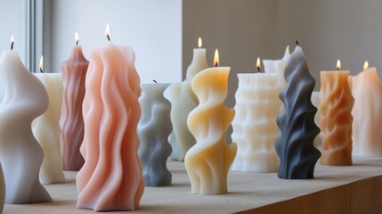 90.Unique decorative candles in a variety of modern forms, sculptural wax designs creating an elegant and contemporary visual aesthetic