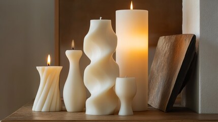 90.Unique decorative candles in a variety of modern forms, sculptural wax designs creating an elegant and contemporary visual aesthetic