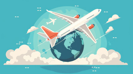 Obraz premium Modern airplane circling the earth with clouds and smaller planes in the background