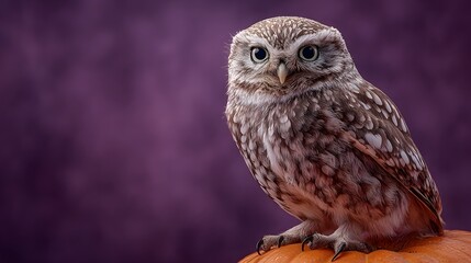 Little owl perched on pumpkin halloween autumn season wildlife photography