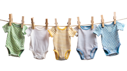 Baby Clothes Hanging on Rope with Small Clothespins Isolated on White Background