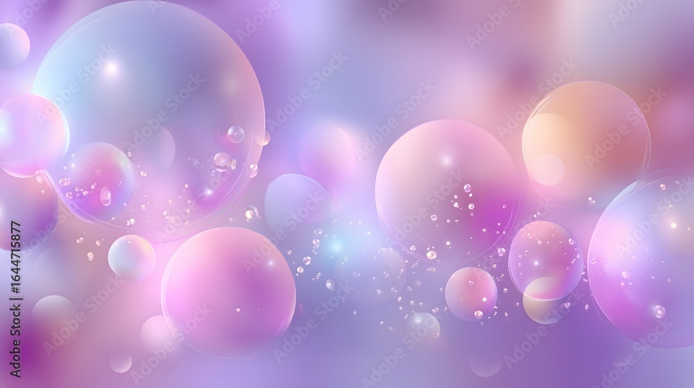 Poster minimal abstract design featuring floating translucent gradient orbs in pastel white, pink, and lila