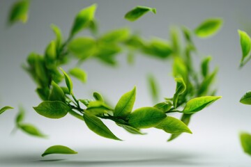 Fresh green tea leaves in a circular motion against a light gray background