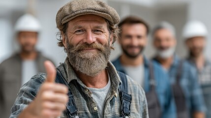 A smiling man in work attire gives a thumbs up, surrounded by colleagues in helmets, conveying teamwork and positivity in a construction setting.