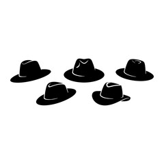 Black fedora hats arranged on white accessory