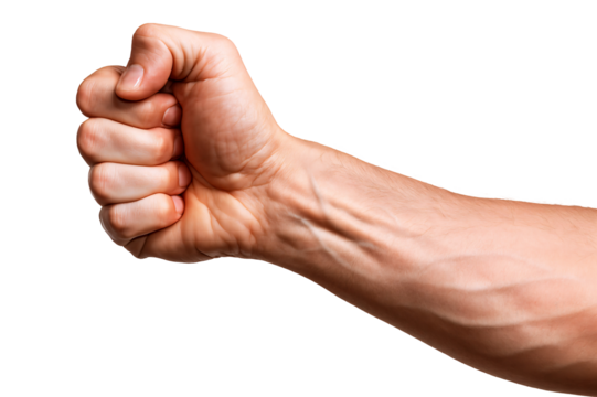 Close-up of a clenched male fist, showcasing strong muscles and defined veins.