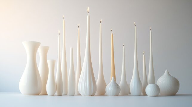 64.Beautiful set of tapered and round wax candles, varying heights and silhouettes, crisp white background emphasizing their simple elegance