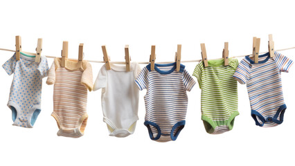 Baby Clothes Hanging on Rope with Small Clothespins Isolated on White Background