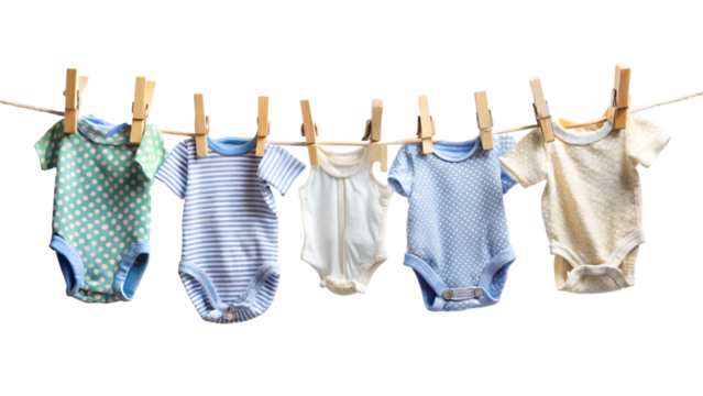 Baby Clothes Hanging on Rope with Small Clothespins Isolated on White Background