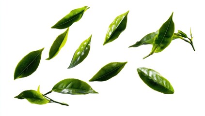 Naklejka premium Fresh green tea leaves scattered, top view
