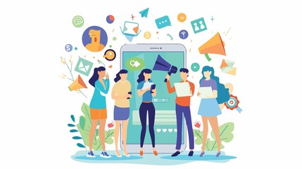 Empowered team sharing business ideas with mobile technology and social media marketing for vibrant workplace success