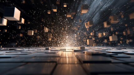 Abstract cube background with light and particles, creating a sense of motion and energy, perfect for modern and futuristic designs, adding a touch of creativity and style
