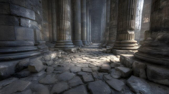 Ancient stone columns and pavement within a ruined building. - Powered by Adobe