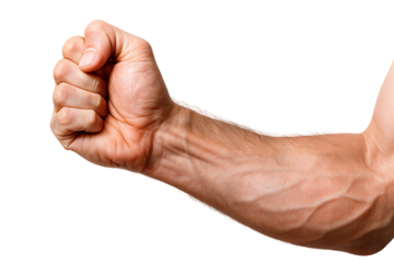 Close-up of a muscular male arm with a clenched fist, showcasing strength and determination.