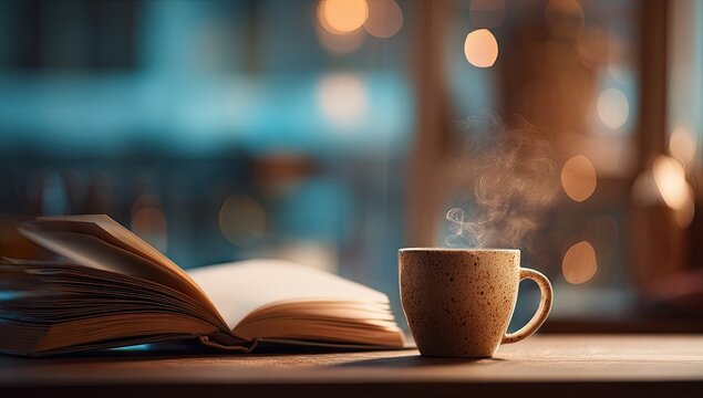 A steaming mug rests beside an open book on a wooden table, warm lights blurred in the background, creating a cozy, inviting atmosphere