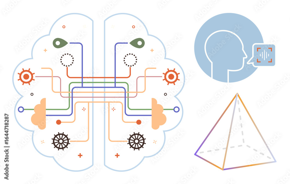 Poster brain filled with interconnected circuits, gears, and nodes profile with speech recognition adjacent