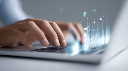 Hands typing on laptop keyboard with holographic data visualization emerging, symbolizing technology and innovation. scene conveys futuristic and digital atmosphere