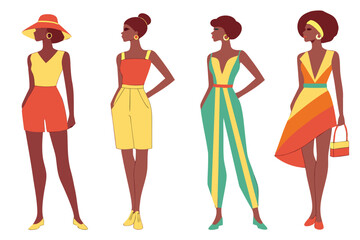 Fashion Illustration Four Stylish African American Women in Summer Outfits, Hats, Jumpsuit and Dresses