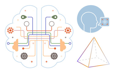 Brain filled with interconnected circuits, gears, and nodes profile with speech recognition adjacent transparent pyramid. Ideal for AI, data processing, creativity, problem-solving, innovation