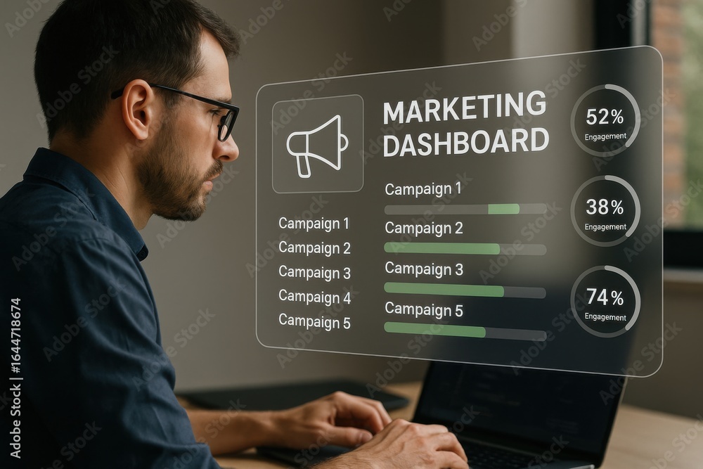 Poster man working on digital marketing dashboard with campaign performance analytics
