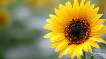 Fototapeta premium Vibrant sunflower with honeybee on its petal stands out against blurred green background, showcasing nature beauty and importance of pollinators