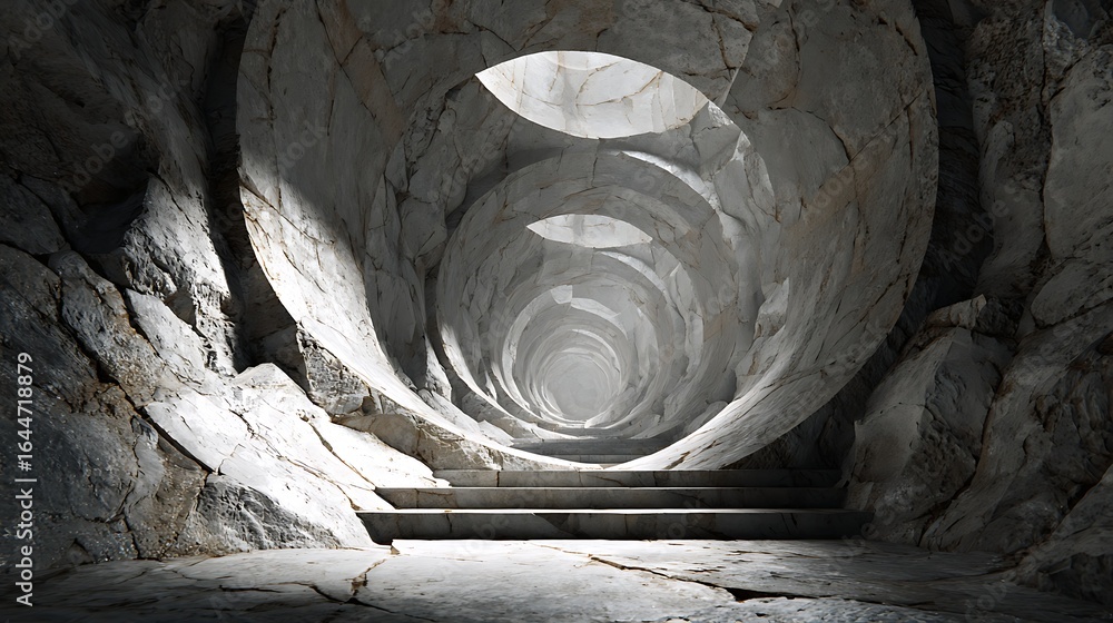 Poster a mysterious stone tunnel with steps leading into the darkness, creating a sense of adventure and ex