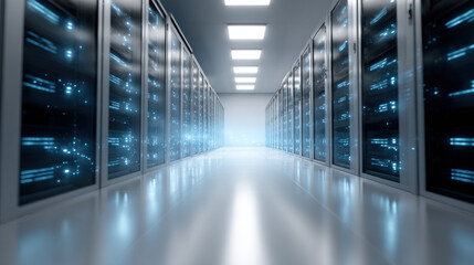 Futuristic server room with glowing data connections and sleek design creates high tech atmosphere. illuminated servers line corridor, reflecting on polished floor