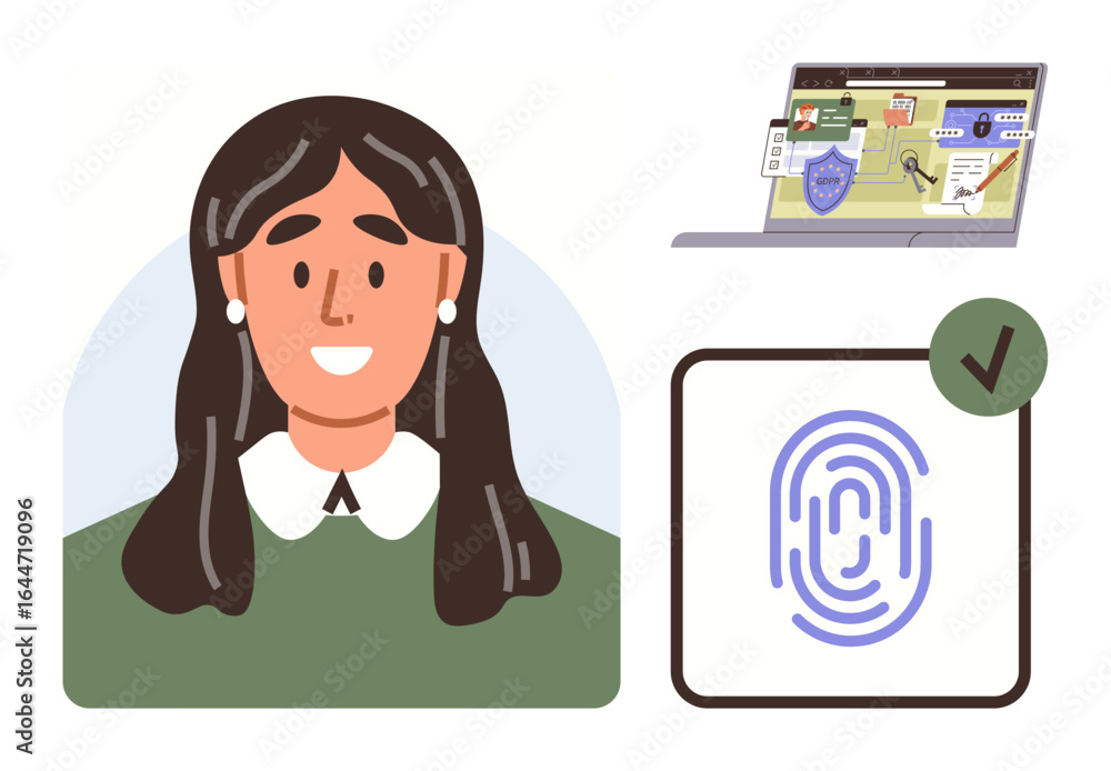 Poster smiling woman portrait, fingerprint scan with checkmark, laptop with security icons. ideal for secur
