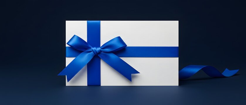 Blank gift greeting card ribbon below and blue bright and shiny ribbon bow on left side isolated on luxury blue background, layout useful for best wishes and shopping,top view and copy space template