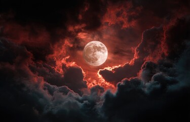 Blood moon through ominous clouds