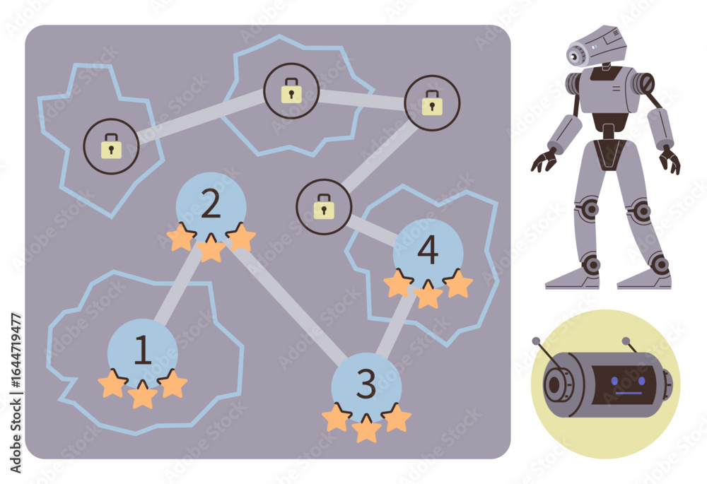Poster game map featuring numbered nodes with stars, locks, interconnected paths, robot character, and a ro