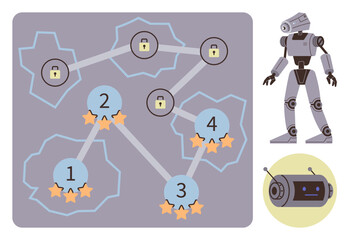 Fototapeta premium Game map featuring numbered nodes with stars, locks, interconnected paths, robot character, and a robot head. Ideal for gaming, strategy, progress technology AI learning futuristic themes. Simple