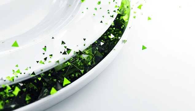Abstract circular design with layered, translucent, emerald green triangles, and white background