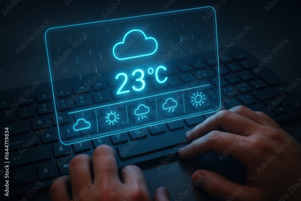 Aufkleber hands on keyboard with holographic weather forecast showing 23 degrees and icons