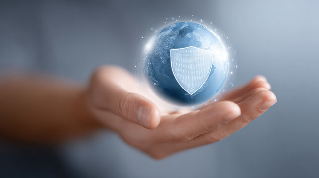 Hand holds digital globe with shield symbolizing AI protection, representing cybersecurity and data safety. image conveys sense of security and technological advancement - Powered by Adobe
