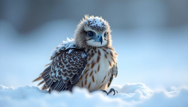 Fluffy Bird Baby Sitting in a Frosty White Wonderland