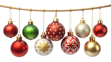 Christmas Ornaments Hanging on Rope Isolated on Transparent Background PNG