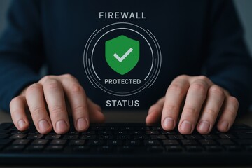 Hands Typing on Keyboard with Holographic Firewall Protected Status Badge
