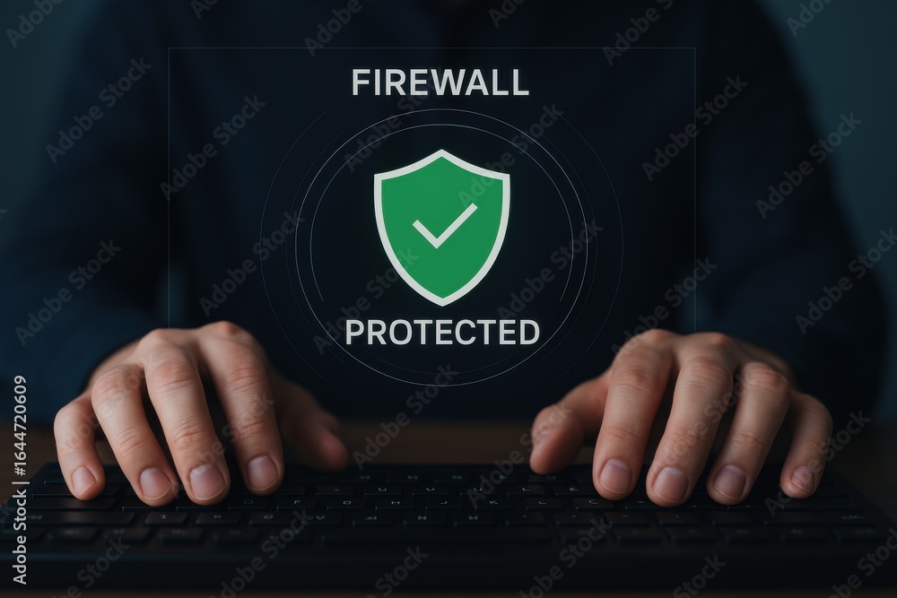 Aufkleber firewall protected status badge with green shield icon above keyboard