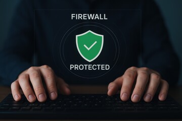 Firewall Protected Status Badge with Green Shield Icon Above Keyboard
