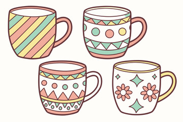 Four Cute Patterned Coffee or Tea Mugs with Handles on White Background