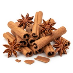 Cinnamon sticks and star anise spice blend on white background