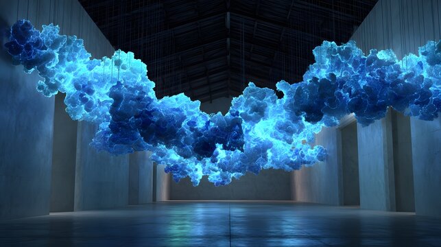 Suspended, glowing blue cloud formations in a modern gallery space.