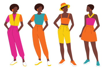 Obraz premium Four Fashionable African American Women in Vibrant Color Block Outfits, Illustration Style