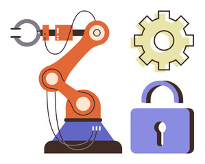 Robotic arm placed with a gear and lock highlighting automation, engineering, and data security. Ideal for innovation, technology, industry, security, machinery, robotics simple flat metaphor