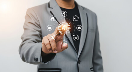 Man in suit interacting with ai interface displaying various icons