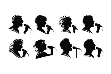 Black silhouette profiles of singers holding microphones singing music