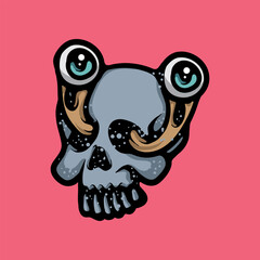 Skull with popping out eyes cartoon vector illustration