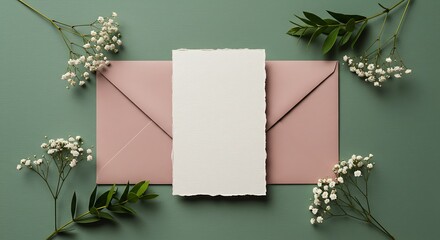 Elegant Dusty Rose Envelope Mockup: Blank Card, Greenery, Flowers