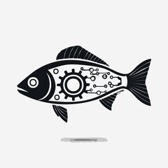 A simple fish form with mechanical interior, blending nature and machine.